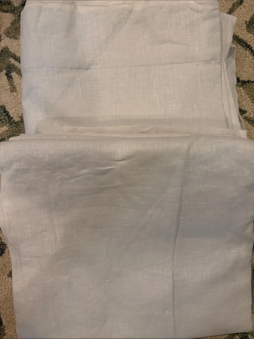 TWO (2) New Quince European Linen True Blackout Curtains in White w minor flaws